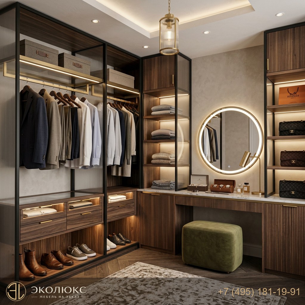 Современная гардеробная с подсветкой
